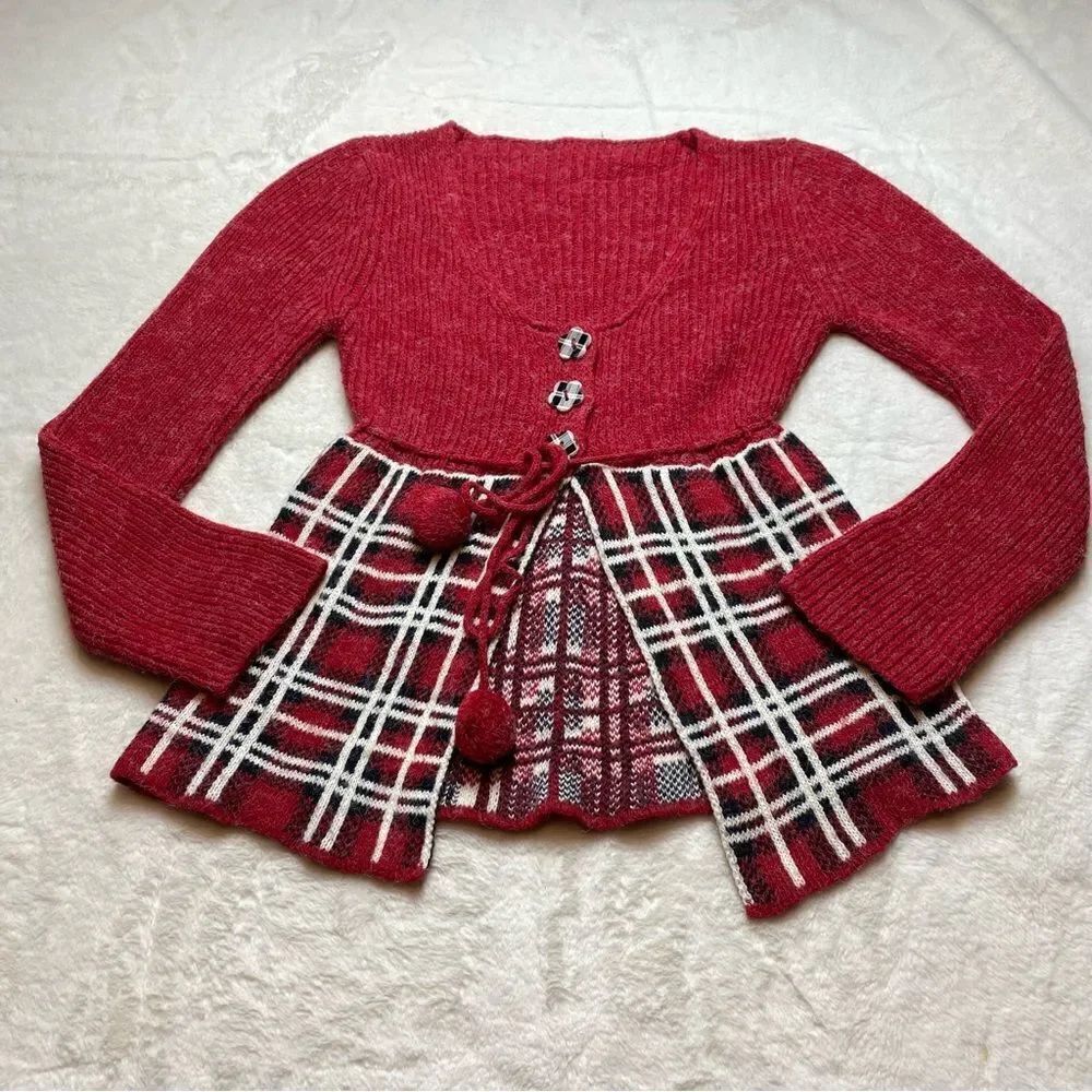 Sevilen Knit Red Bodice With Plaid Bottom Cardigan Sweater